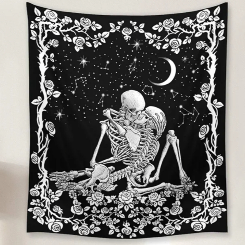 Kissing Skeleton Lovers Black Wall Tapestry Skeletons Flowers Constellations Art